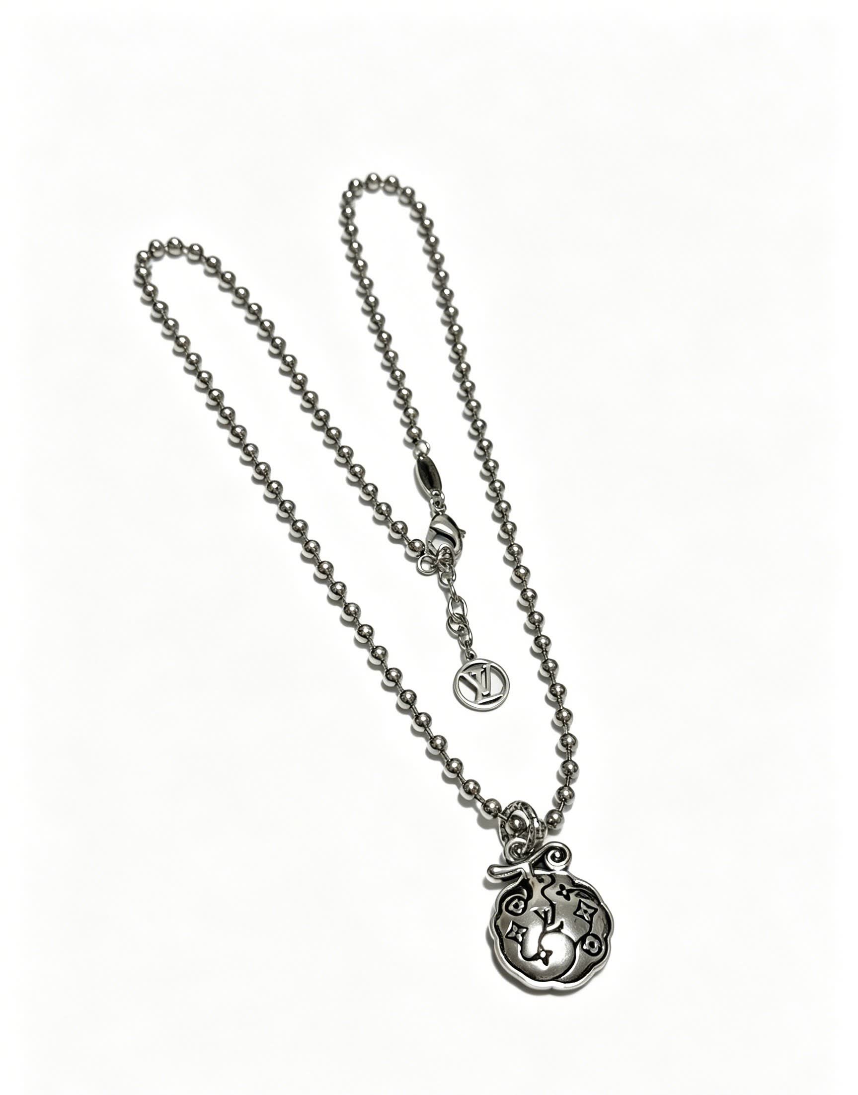 Louis Vuitton Silver Beaded Necklace with Round Pendant